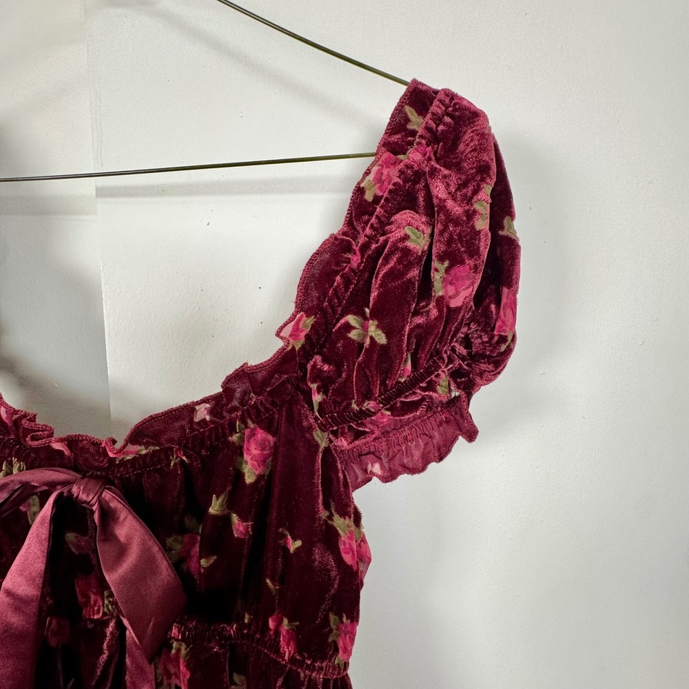 Altar'd State Kortney Velvet Mini Dress Burgundy Floral Coquette Ruffle Bow S - Picture 5 of 8